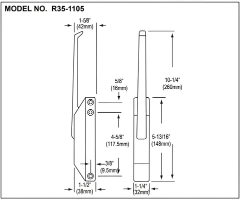 R35-1105 Latch With Strike Mechanical Straight Handle, Heavy Duty Door Latch System With Interchangeable Mounting Holes, Serrated Striker Plate For Quick Sag Adjustment, Unique Keeper Prevents Override, Polished Brass Or Chrome Finish, Built Tough. technical diagram with dimensions