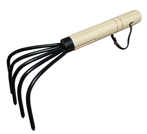 Ninja Claw Garden Hand Rake Cultivator with 5 tine steel prongs and wood handle, rust resistant military grade tiller.