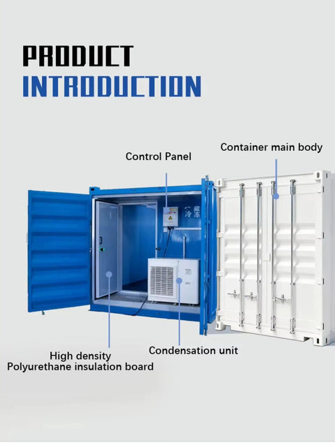 Rock Solid Commercial Walk In Freezer Cold Room With Heavy Duty Insulated Panels For Meat And Seafood Storage, showing control panel and condensation unit.