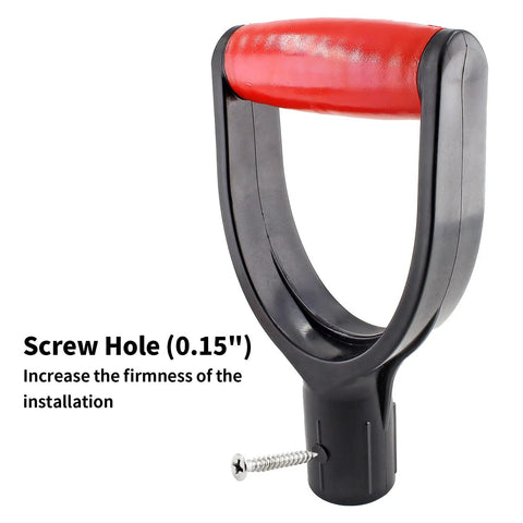 Close-up of 2 Pack Red D Grip Shovel Handles for 1-1/4 Inch Shovels, Plastic Replacement Grips with 32mm Inner Diameter, showing screw hole