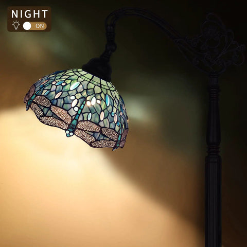 Dragonfly Tiffany Style Floor Lamp With Sea Blue Stained Glass Shade, 61 Inch Tall Arc Reading Lamp, Antique Bronze Base