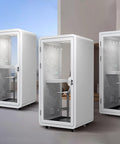 Portable Office Sound Booth With Audio Privacy, Mobile Soundproof Phone Pod, three units with transparent glass, compact design.