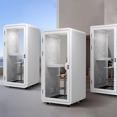 Portable Office Sound Booth With Audio Privacy, Mobile Soundproof Phone Pod, three units with transparent glass, compact design.
