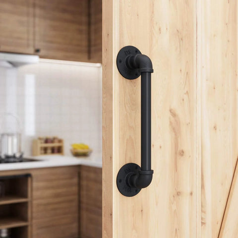 11 Inch Pipe Barn Door Handle Black Rustic Industrial Grab Bar Towel Bar Handrail And Pull For Stairs Gate And Garage Heavy Duty Cast Iron Durable With Round Base And Frosted Black Finish For Everyday Home Use installed on wooden door in kitchen