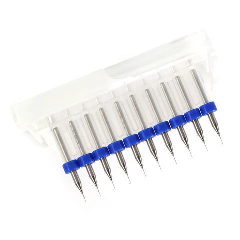 Precision Tungsten Carbide Drill Bits Kit Gear, 10 Piece Set arranged in a plastic holder with blue covers, for detailed work and modeling.