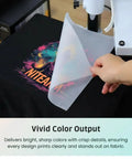 Dark Fabric DTF Transfer Film Roll PET Cold Peel Matte Sheet with vivid color print on black fabric, hand peeling sheet