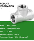 304 Stainless Steel Tee Pipe Fittings 2 Inch By 2 Inch By 2 Inch NPT Female Connector For Plumbing And Industrial Piping Heavy Duty