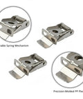 Three angles of Silver PP Plastic Downlight Spring Clip for Recessed Lighting Trim Retention Replacement Hardware for Ceiling Fixtures.