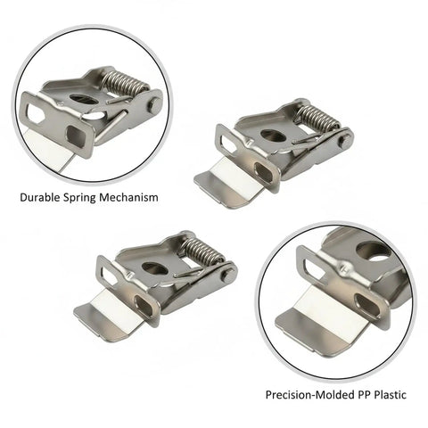 Three angles of Silver PP Plastic Downlight Spring Clip for Recessed Lighting Trim Retention Replacement Hardware for Ceiling Fixtures.