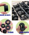 Silicone T Type Grommet Kit 45 Pieces Five Size Grommets with smooth finish showing 5 different sizes for wiring and auto firewalls.