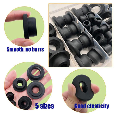 Silicone T Type Grommet Kit 45 Pieces Five Size Grommets with smooth finish showing 5 different sizes for wiring and auto firewalls.