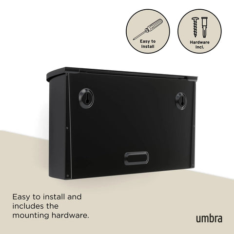 Postino Wall Mount Mailbox In Black With Hinged Lid And Weather Resistant Stainless Steel Dope Curb Appeal For Your Front Door Modern Expanded Envelope Design Easy Mounting Hardware Included Durable Front Door Accessory shown with mounting instructions.