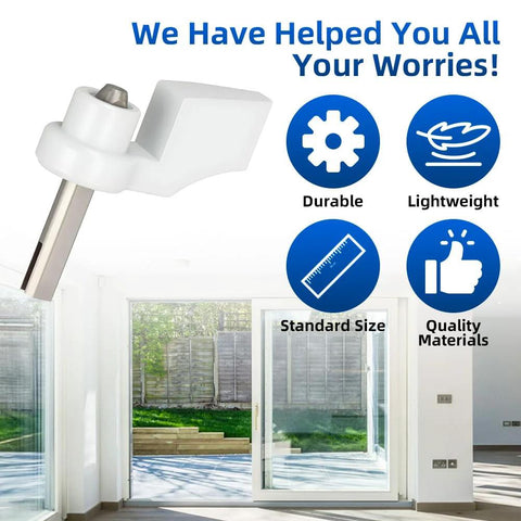 Sliding Door Thumb Turn Lock For Pella Interior Handles, shown with features like lightweight and durable, standard size, in a room with sliding doors.