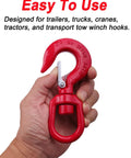 1 Ton Swivel Lifting Hook With Safety Latch Industrial Grade Heavy Duty Alloy Steel One Piece Casting Heat Treated With Waterproof Galvanized Coating Corrosion Resistant For Rigging Hoisting, red hook in hand