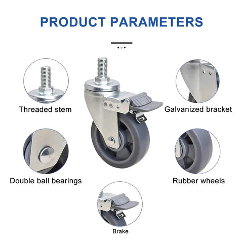 Heavy Duty Industrial Caster Wheels With Brake And Swivel MX Threaded Stem TPE Rubber Workbench Casters features and parts