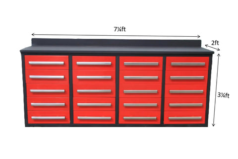 Built Like A Tank 20 Drawer Tool Cabinet With Integrated Workbench And Locking Drawers For Garage Or Shop, red steel, 7.25ft wide.