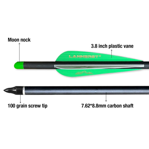 Carbon Crossbow Bolts 20 Inch Arrows With Fletched 4 Inch Vanes Field Point Pack Of 12 For Target Practice, shown with details labeled
