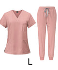 Pink Women Scrubs Set Nurse Uniform Workwear Top And Jogging Pants Easy Care Machine Washable For Spa Beauty Clinics Outfit L Size