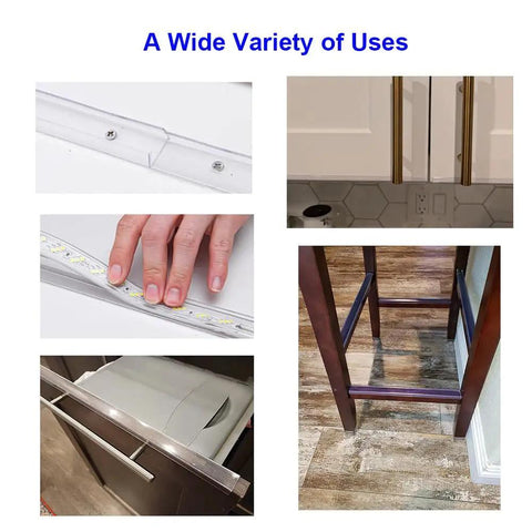 Image showing various uses of 14 Pack Slick Crystal Clear Plastic Slip On Edge Guards 16.5 Inches Long for cabinets, tables and drawers.