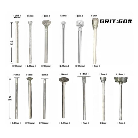 Diamond Grinding Bits Polishing Kit For Dremel Rotary Tools, 30 Piece Set With One Eighth Inch Shanks displayed in varied shapes
