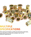 500 Pc Carbon Steel Rivet Nut Kit with M3 M4 M5 M6 M8 M10 threaded inserts in box for easy storage, bulk supply rivet nuts set for auto repair, machinery, marine, and DIY projects.