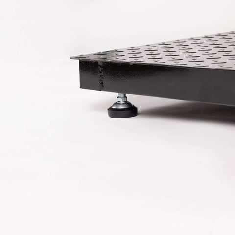 Close-up of 24 By 24 Inch Industrial Floor Scale With Heavy Duty Diamond Plate Platform and leveling foot shown, side view.