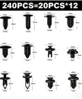 240 Piece Car Retainer Clips Kit With Remover Tool Universal Auto Push Pin Rivets Fasteners Set For Bumpers Fenders Doors And More Easy Install And Universal Fit, showing 240pcs assortment with dimensions.