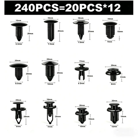 240 Piece Car Retainer Clips Kit With Remover Tool Universal Auto Push Pin Rivets Fasteners Set For Bumpers Fenders Doors And More Easy Install And Universal Fit, showing 240pcs assortment with dimensions.