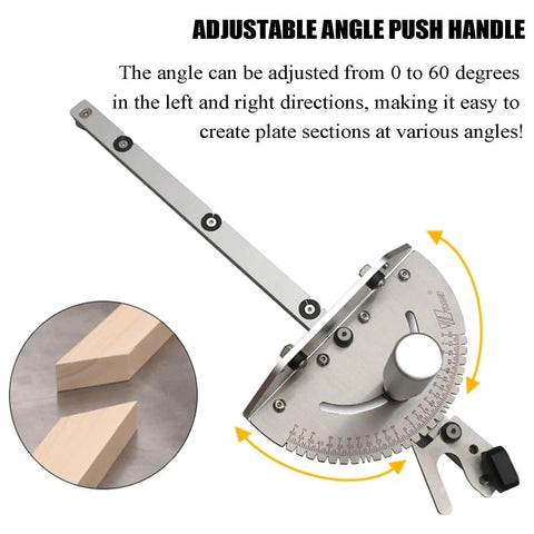 Adjustable angle push handle of Precision Table Saw Miter Gauge With Repeat Cut Flip Stop for woodworking, showing material and angle settings.