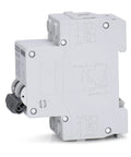 Side view of a 32 Amp AC Miniature Circuit Breaker 2 Pole DIN Rail Mount Thermal Magnetic Trip Switch for solar or home AC systems.