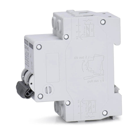 Side view of a 32 Amp AC Miniature Circuit Breaker 2 Pole DIN Rail Mount Thermal Magnetic Trip Switch for solar or home AC systems.