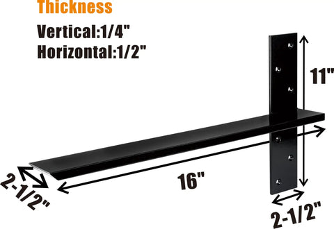 2 Pack Free Hanging T Shelf Bracket Heavy Duty Steel Knee Wall Hidden Countertop Support For Granite Quartz Marble Countertops 16 Inch Floating Shelf Bracket For DIY Projects Screws Included, showing dimensions and thickness.