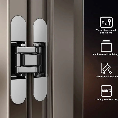 Close-up of 2 Pack Hidden Door Hinges 7 Inch Heavy Duty 180 Degree Swing 3D Concealed Cross Hinge Zinc Alloy