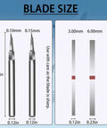 Premium Tungsten Steel Model Scriber Blades Pair showing blade sizes of 0.10mm and 0.15mm for precision engraving tasks.