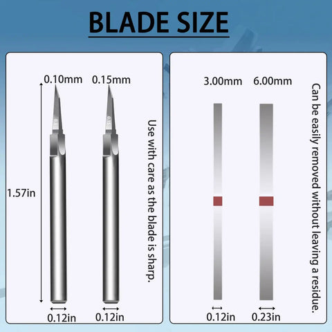 Premium Tungsten Steel Model Scriber Blades Pair showing blade sizes of 0.10mm and 0.15mm for precision engraving tasks.