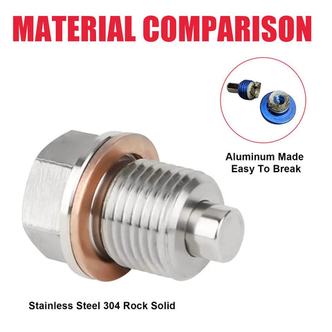 Magnetic Stainless Steel Oil Drain Plug M16 X 1.5 With Neodymium Magnet shown in material comparison with aluminum plug