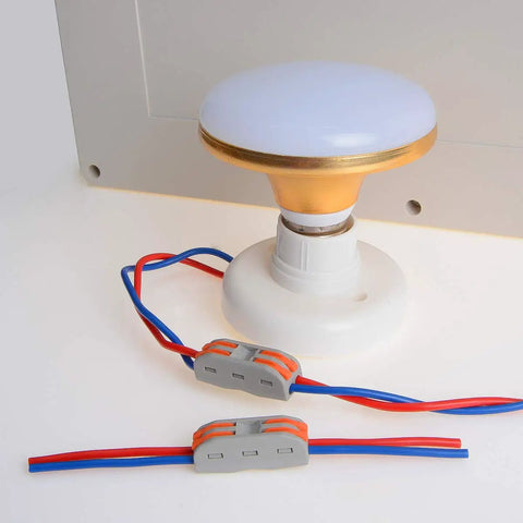 50 Pack Lever Wire Nut Electrical Connectors With Fixed Base For 2 Circuit Inline Splices 28-12 AWG Wiring in use with lamp
