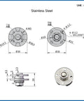 Stainless steel 360-degree disc-damping shaft hinge; concealed adjustable torque 1 N·m; front and side views with mounting.