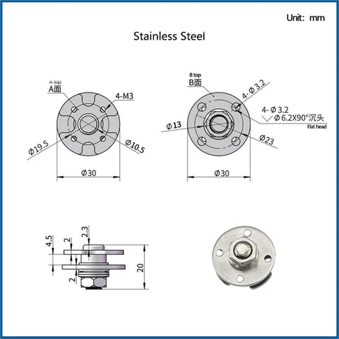 Stainless steel 360-degree disc-damping shaft hinge; concealed adjustable torque 1 N·m; front and side views with mounting.