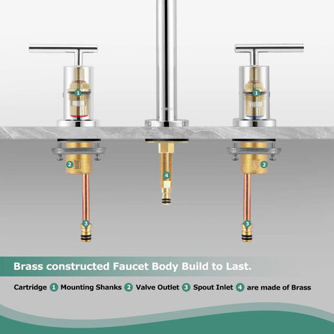 Diagram showing components of 8 Inch Polished Chrome Widespread Bathroom Sink Faucet For 3 Hole Vanity With cUPC Certified Supply Lines