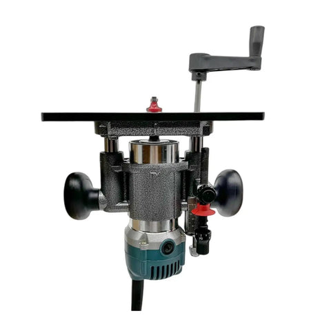 Top Shelf Router Lift Installation Kit With Aluminum Insert Plate For 65mm Trimming Machines And Precision Woodworking Rig, front view with handle.