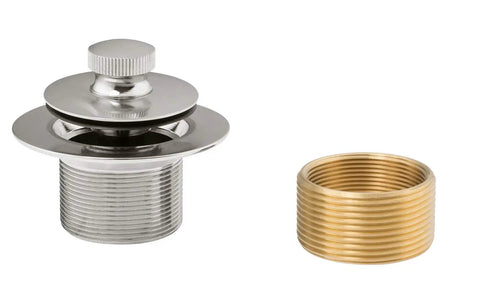 Lift And Turn Bathtub Drain Stopper Kit With Two Hole Overflow Faceplate Brass Tub Conversion Kit Easy Install Universal Fine And Coarse Thread Brushed Nickel Finish, showing drain stopper and brass adapter