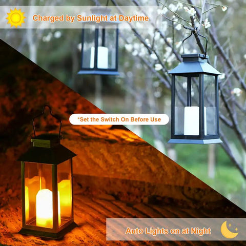 2-Pack Solar Lanterns For Outdoor Garden Hanging Lights 11.8 Inch Flickering Flameless Candles hanging from tree, glowing at night