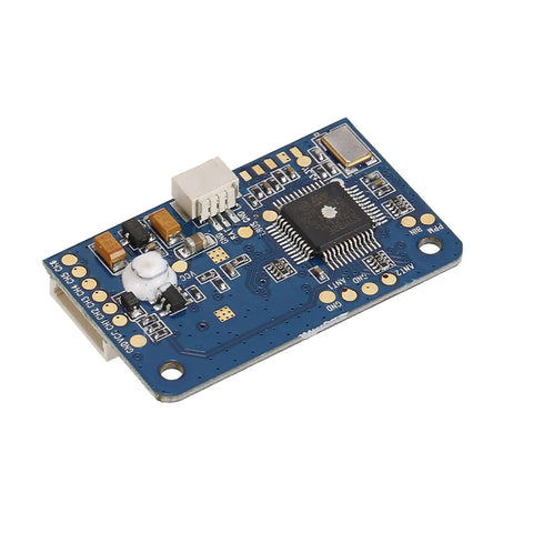 Close-up of 24G PWM PPM IBus Receiver for FPV Racing Drones with two-way transmission battery voltage readout, dual antenna.