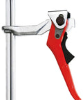 8 Inch Lever and Ratchet Action Clamp With Heavy Duty Quick Action Vibration Resistant Grip One Piece Cold Drawn Steel Rail and Fixed Jaw Heat Treated For Maximum Clamp Force ClassiX Series, side view.