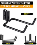 4 Pack E Track Double J Hooks Heavy Duty Steel Tool Hangers For Trailers Trucks And Garages Keep Shovels Cables Bags And Gear Off The Floor Easy Access Storage And Organization black steel E-track shovel hanger front side inside views