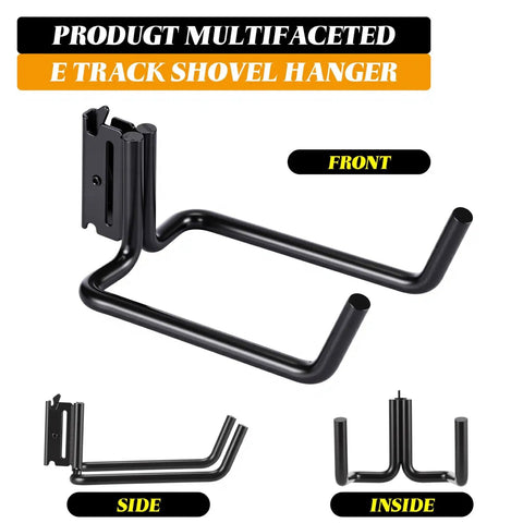 4 Pack E Track Double J Hooks Heavy Duty Steel Tool Hangers For Trailers Trucks And Garages Keep Shovels Cables Bags And Gear Off The Floor Easy Access Storage And Organization black steel E-track shovel hanger front side inside views