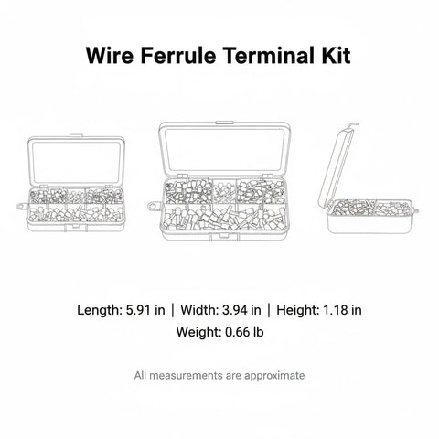 Top Shelf 200 Piece Wire Ferrule Kit With Tinned Copper Crimp Connectors For Stranded Wires And Assorted Pre Insulated Electrical Tube Terminals Plus Durable Storage Box For Secure Reliable Connections, open box with size details