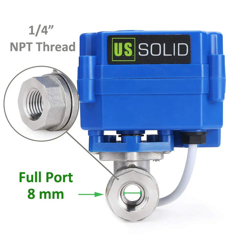 Motorized One Quarter Inch Ball Valve In Stainless Steel 304, Full Port, NSF Certified, 1/4 inch NPT, two-wire, front view