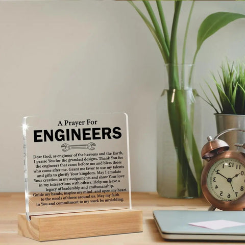 Clear Desk Sign For Engineers Gift Idea Nerdy Graduation Gift For Civil Mechanical Electrical Engineers On A Wood Stand Acrylic Home Office Desk Decor displayed on a desk.